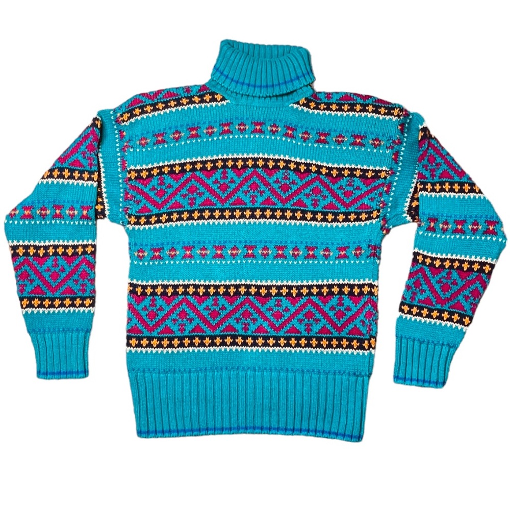 Vintage Y2K Fair Isle Sweater Turtleneck Blue Pink Striped Knit 80s 90s SZ Large